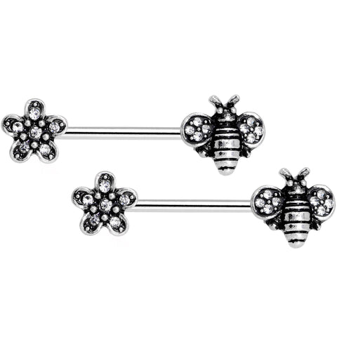 14G 5/8 Clear Gem Bee and Blossom Barbell Nipple Ring Set