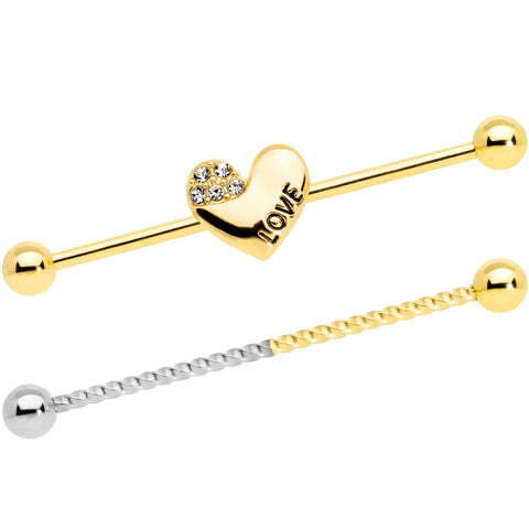 14G Clear Gem Gold Tone Love Heart Industrial Barbell 38mm