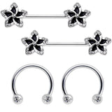 14G Clear Gem Black Flower Horseshoe Barbell Nipple Ring Set of 4