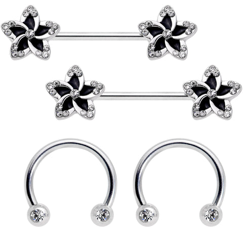14G Clear Gem Black Flower Horseshoe Barbell Nipple Ring Set of 4