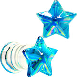 2G Blue Aurora Glass Faceted Star Double Flare Plug Set 6mm to 16mm Sizes