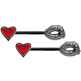 14G 9/16 Red Heart Black Kiss of Death Barbell Nipple Ring Set