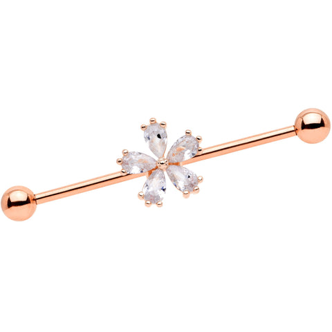 14G Clear CZ Gem Rose Gold Tone Petal Industrial Barbell 38mm