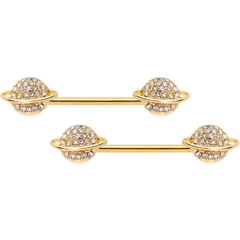 14G 9/16 Clear Gem Gold Tone Saturn Barbell Nipple Ring Set