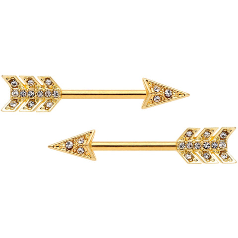 14G 9/16 Clear Gem Gold Tone Flying Arrow Barbell Nipple Ring Set