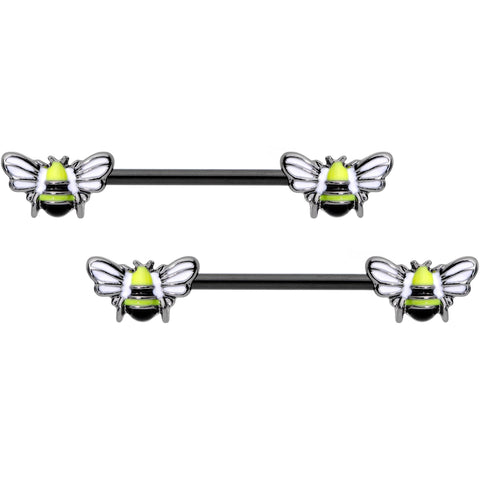 14G 9/16 Black Blissful Bumblebee Barbell Nipple Ring Set
