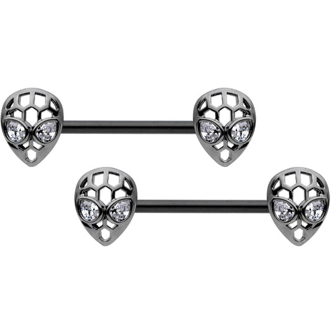 14G 9/16 Clear CZ Black Openwork Alien Barbell Nipple Ring Set