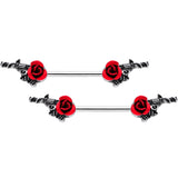 14G 9/16 Red Rose Flower and Gun Barbell Nipple Ring Set