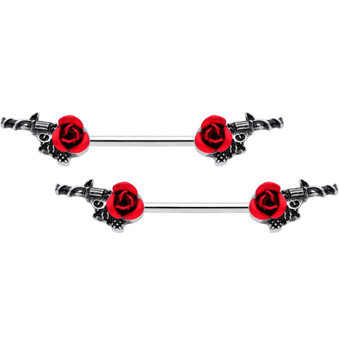 14G 9/16 Red Rose Flower and Gun Barbell Nipple Ring Set