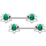 14G 9/16 Green Faux Opal Lotus Flower Barbell Nipple Ring Set