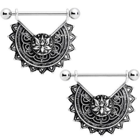 14G 9/16 Drama Lotus Flower Mandala Dangle Nipple Ring Set