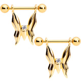 14G 9/16 Clear CZ Gem Gold Tone Butterfly Dangle Nipple Ring Set