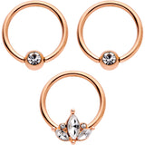14G 0.51 inch Clear CZ Rose Gold Tone Crest BCR Captive Ring Set of 3