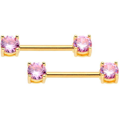 14G 9/16 Pink CZ Gem Gold Tone Barbell Nipple Ring Set