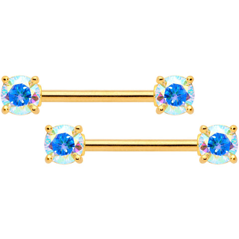 14G 9/16 Aurora CZ Gem Gold Tone Barbell Nipple Ring Set