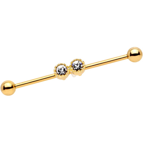 14G Clear Gem Gold Tone Double Drama Industrial Barbell 38mm