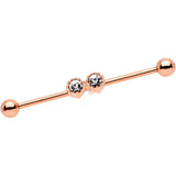 14G Clear Gem Rose Gold Tone Double Drama Industrial Barbell 38mm