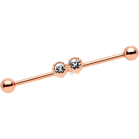 14G Clear Gem Rose Gold Tone Double Drama Industrial Barbell 38mm