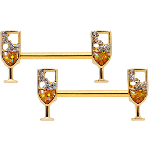 14G 9/16 Clear Gem Gold Tone Champagne Barbell Nipple Ring Set