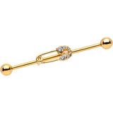 14G Clear CZ Gem Gold Tone Safety Pin Industrial Barbell 38mm