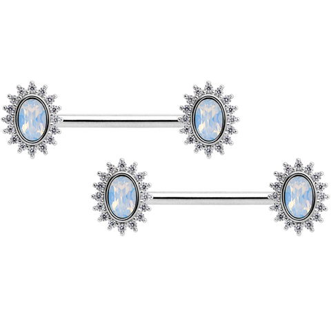 14G 9/16 Clear CZ Gem White Faux Opal Burst Nipple Ring Set