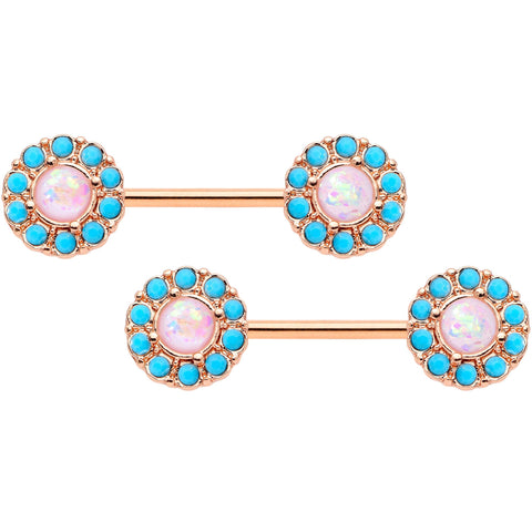 14G 9/16 White Faux Opal Gold Tone Southwestern Nipple Ring Set