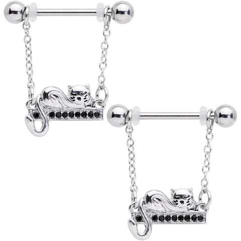 14G 5/8 Black Gem Nap Cat Dangle Nipple Ring Set