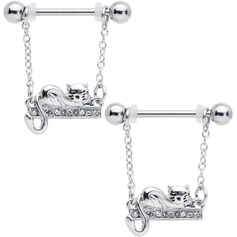 14G 5/8 Clear Gem Nap Cat Dangle Nipple Ring Set