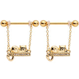 14G 5/8 Clear Gem Gold Tone Nap Cat Dangle Nipple Ring Set