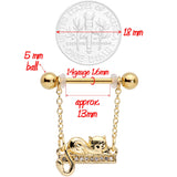 14G 5/8 Clear Gem Gold Tone Nap Cat Dangle Nipple Ring Set