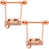 14G 5/8 Clear Gem Rose Gold Tone Nap Cat Dangle Nipple Ring Set