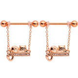 14G 5/8 Clear Gem Rose Gold Tone Nap Cat Dangle Nipple Ring Set