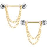 14G Clear Gem End Gold Tone Chain Dangle Nipple Ring Set