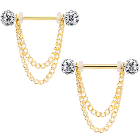 14G Clear Gem End Gold Tone Chain Dangle Nipple Ring Set