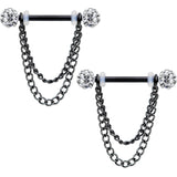 14G Clear Gem End Black Chain Dangle Nipple Ring Set