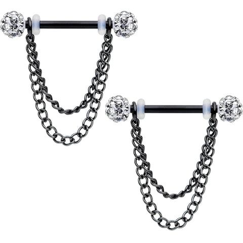 14G Clear Gem End Black Chain Dangle Nipple Ring Set