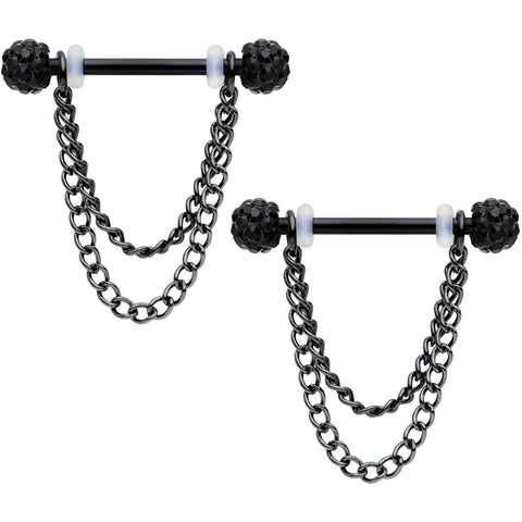 14G Black Gem End Black Chain Dangle Nipple Ring Set
