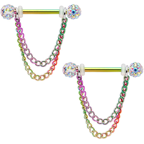 14G Clear Gem End Rainbow Chain Dangle Nipple Ring Set