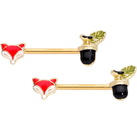 14G 9/16 Gold Tone Fox and Acorn Barbell Nipple Ring Set