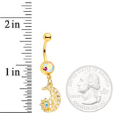 Aurora Gem Gold Tone Peaceful Night Star Moon Dangle Belly Ring