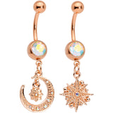 Aurora Gem Rose Gold Tone Celestial Star Moon Dangle Belly Ring Set