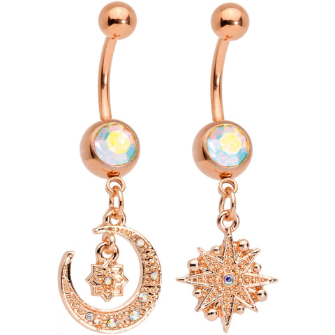 Aurora Gem Rose Gold Tone Celestial Star Moon Dangle Belly Ring Set