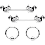 14G Clear Gem Squirrel BCR Barbell Nipple Ring Set of 4