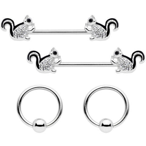 14G Clear Gem Squirrel BCR Barbell Nipple Ring Set of 4