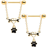 14G Gold Tone Love My Dog Paw Print Dangle Nipple Ring Set
