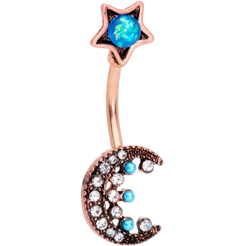Aqua Faux Opal Rose Gold Tone Orb Crescent Moon Reversible Belly Ring