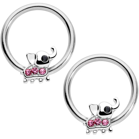 14G 1/2 Pink Gem Elephant BCR Captive Nipple Ring Set