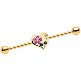 14G Clear Pink Gem Flower Heart Gold Tone Barbell Industrial