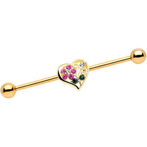 14G Clear Pink Gem Flower Heart Gold Tone Barbell Industrial