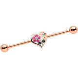 14G Clear Pink Gem Flower Heart Rose Gold Tone Barbell Industrial